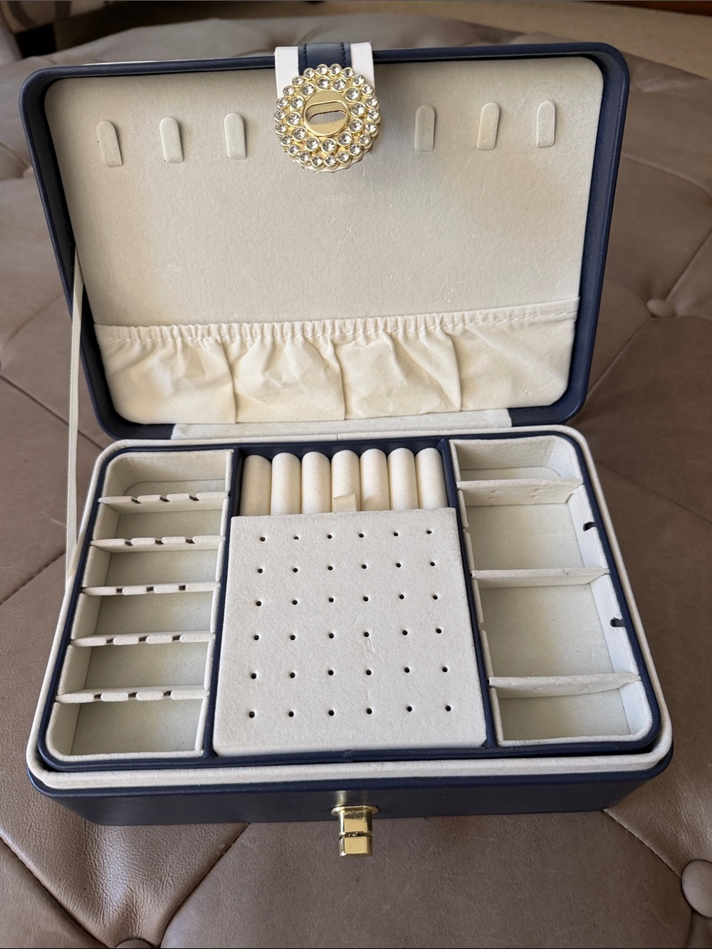 Navy and Cream Travel Jewelry Organizer Box with Gold Accent